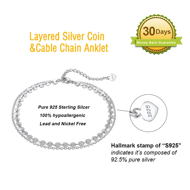 KISS MANDY 925 Silver Fashion Coin Cable Chain Anklets Layered 4mm Essential Link Anklet Women Vacation Jewelry Gift SA15