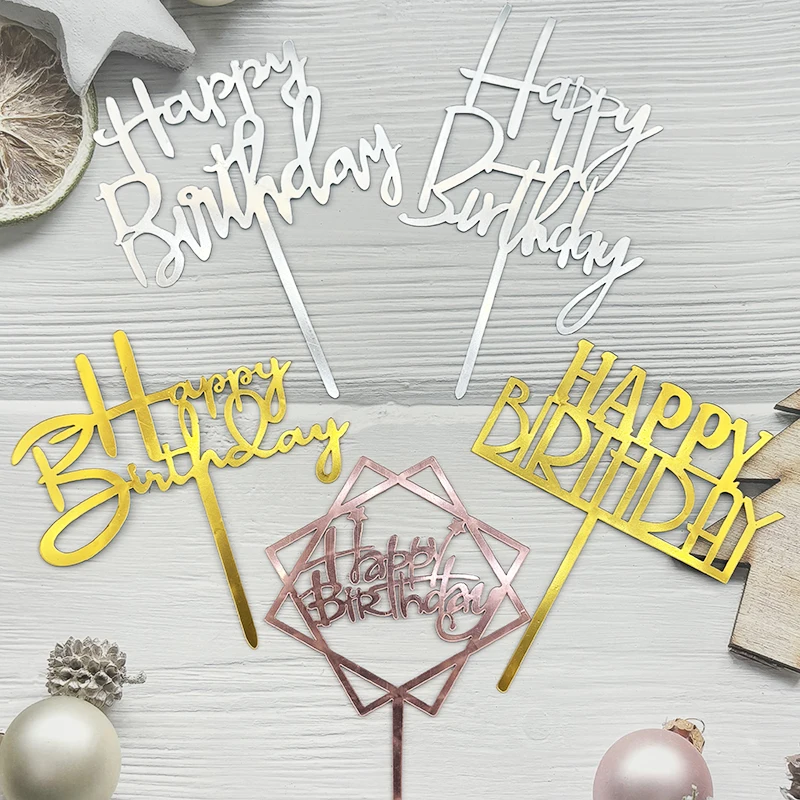 Acrylic Happy Birthday Cake Topper Black Gold Silver Designs Cake Decorations 10Pcs For Kids Men Women & Baby Showers