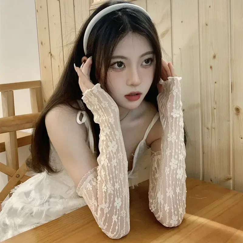 Long Lace Hollow-Out Fingerless Gloves Women Summer Anti-UV Sleeves Mesh Breathable Ice Silk Mittens Oversleeve Driving Cycling fingerless gloves sunscreen gloves ice arm sleeves ice sleeve gloves arm sleeves