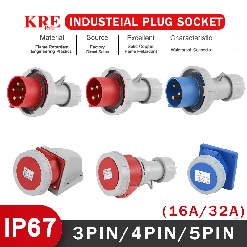 

KRE Industrial Male Female Plug Socket 3P/4P/5Pin Electrical Connector 16A 32A IP67 waterproof Wall Mounted Socket 220V 380V