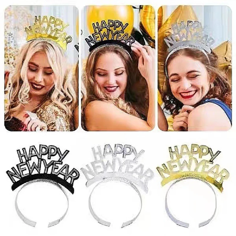 Happy New Year Headband Gold Silver Black Aluminum Children Adult Tiara Christmas New Year Hair Accessories Decorations
