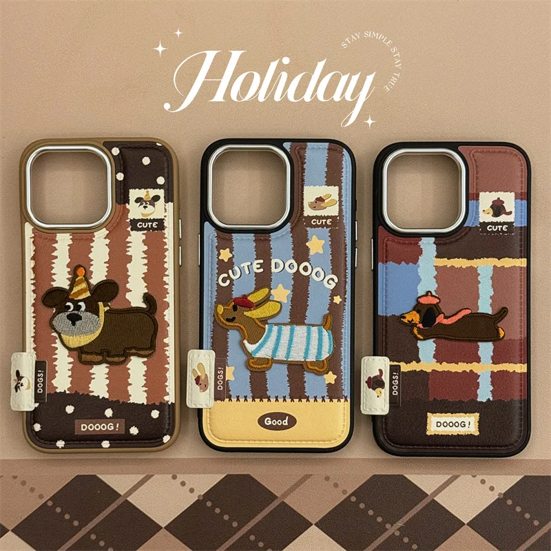 Schöne 3D-gestickte Dackel-Welpen-Handyhülle für iPhone 17, Air 16, 15, 14, 13, Pro Max, niedlicher Hund, stoßfeste Rückseite