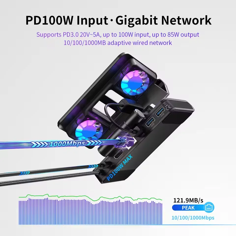 Switch2 듀얼 냉각 팬 4K@144Hz NS2 팬 냉각 도킹 PD100W 기가비트 네트워크 액세서리용 높은 재생률 도킹 스테이션