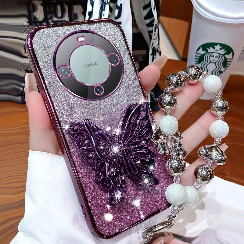 Glitter Plating 3D Butterfly Bracelet Phone Holder Case