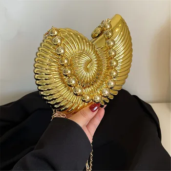 حقيبة كتف على شكل محارة ذهبية، حزام كتف قابل للفصل، حقيبة أحمر الشفاه، حقيبة كتف أنيقة، مناسبة للنزهات المسائية