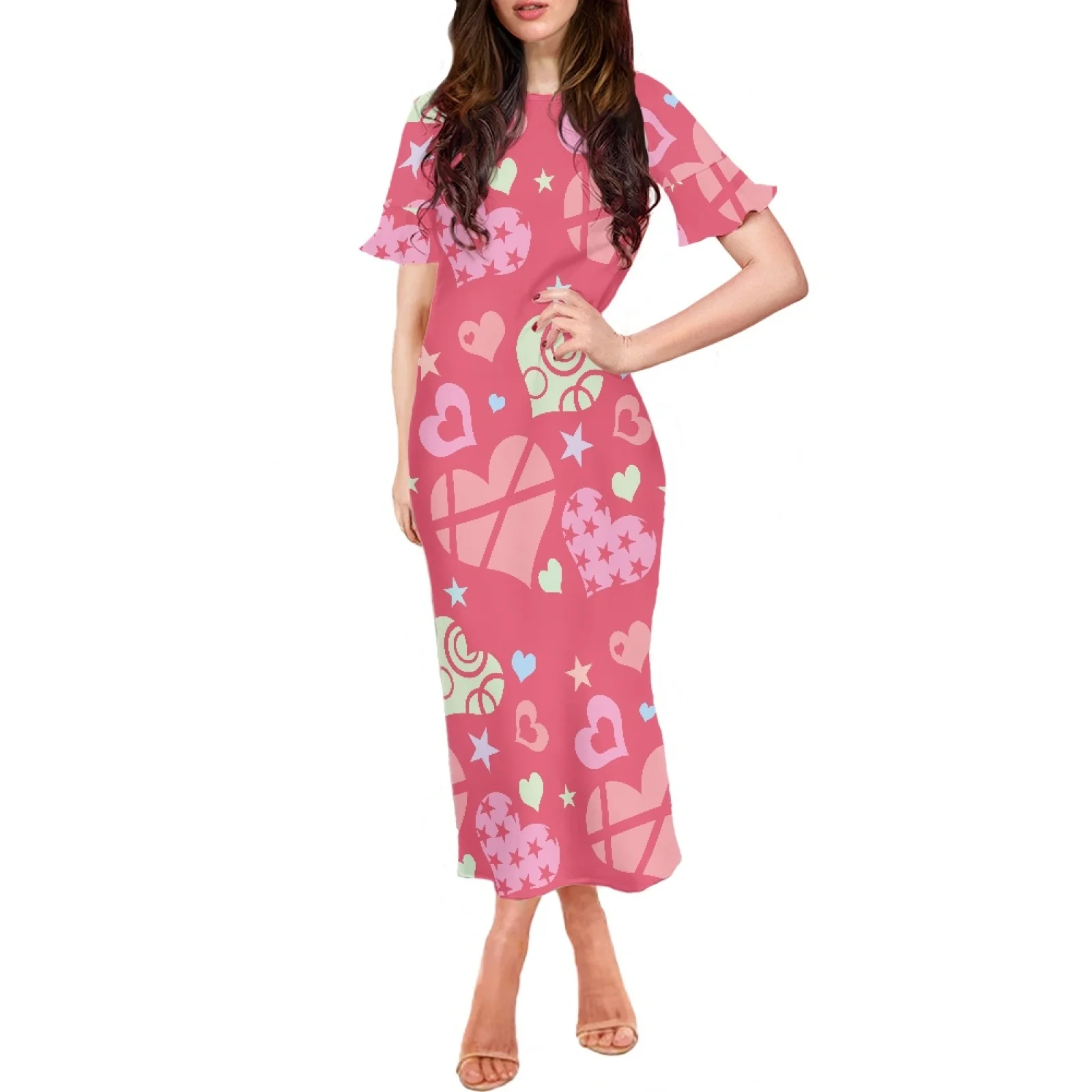 

New Pink Love Design Print Hawaiian Polynesian Style Chic Ladies Casual Short Sleeved Summer Dress Slimline Party Dress Luxury