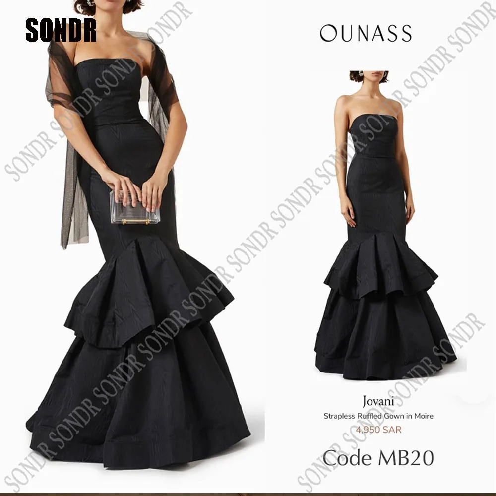 

SONDR Black Mermaid Satin Tiered Prom Dresses With Shawl Strapless Evening Gown Custom Formal Event Cocktail Party Dress