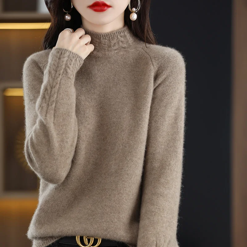 

Half High Collar Thickened Long Sleeved Bottomed Knitwear Women's Pullover Twist Sweater Loose Fit Warm Sweater Top