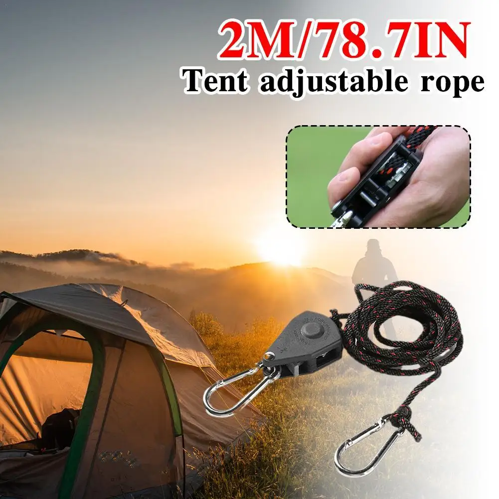 

2M Tent Adjustable Portable Rope Fastener Fixed Buckle Pulley Tensioner Hangers Light Lifting Camping Awning Wind Rope Universal