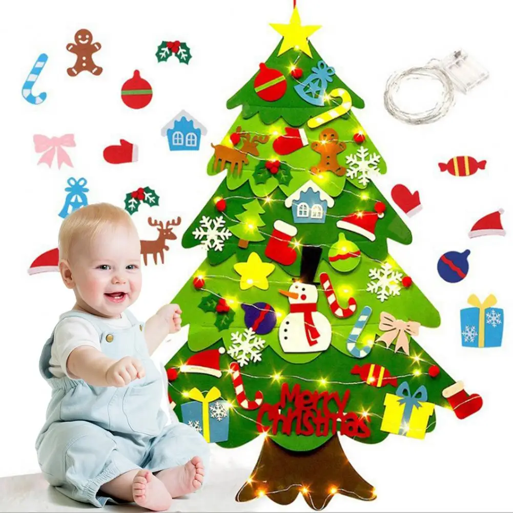 Hanging Christmas Tree for Door Plush Christmas Tree for Kids Montessori Felt Set with Ornaments Lights Kids