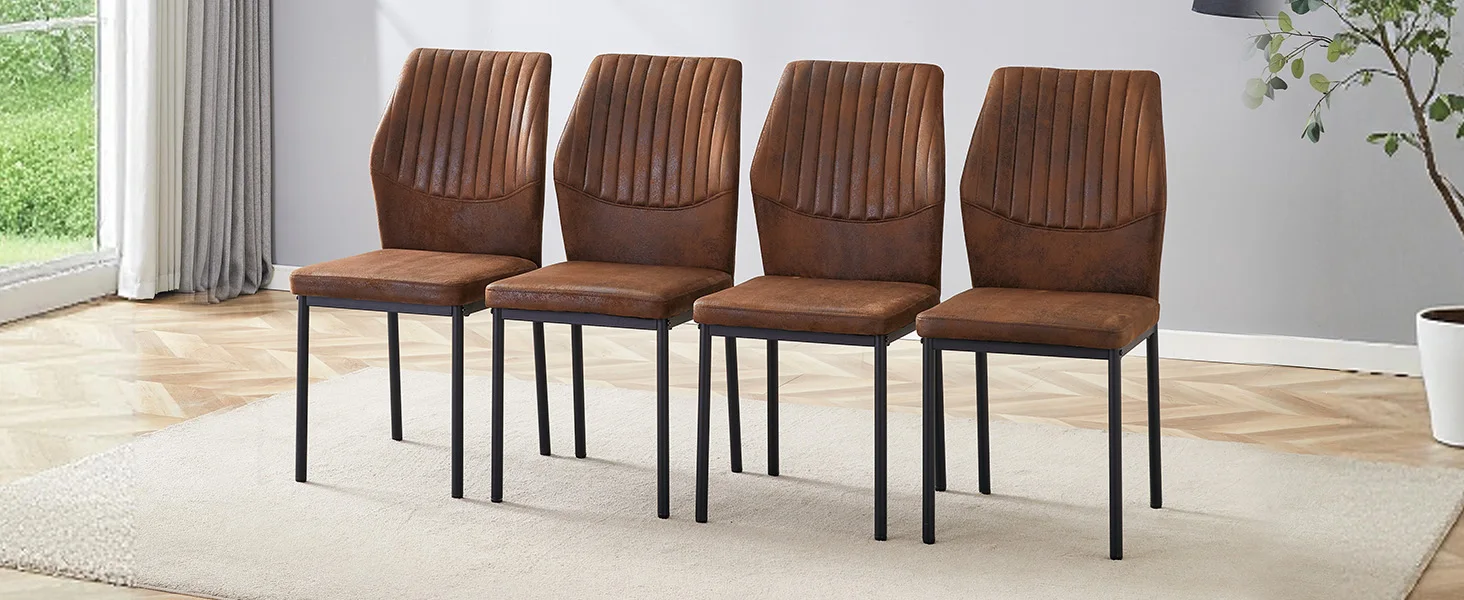 [4er-Set] Esszimmerstühle im leichten Luxus-Stil: Rückenlehne aus braunem Tech-Stoff mit vertikaler Prägung + schwarze Metallbeine. Geeignet – Detail 11