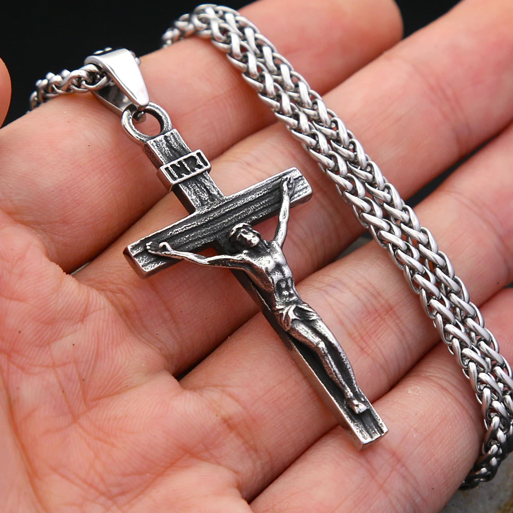 Collar De Hombre Con Cruz De Jesús, Acero Inoxidable, 60 Cm Color
