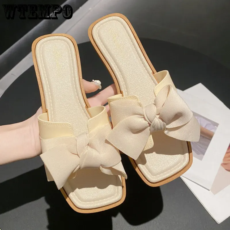 

WTEMPO Bow Slippers Female Summer Outside Wear Low Square Heel Fashion Home Flat Flat Non-slip Fairy Style One-line Soft Sole