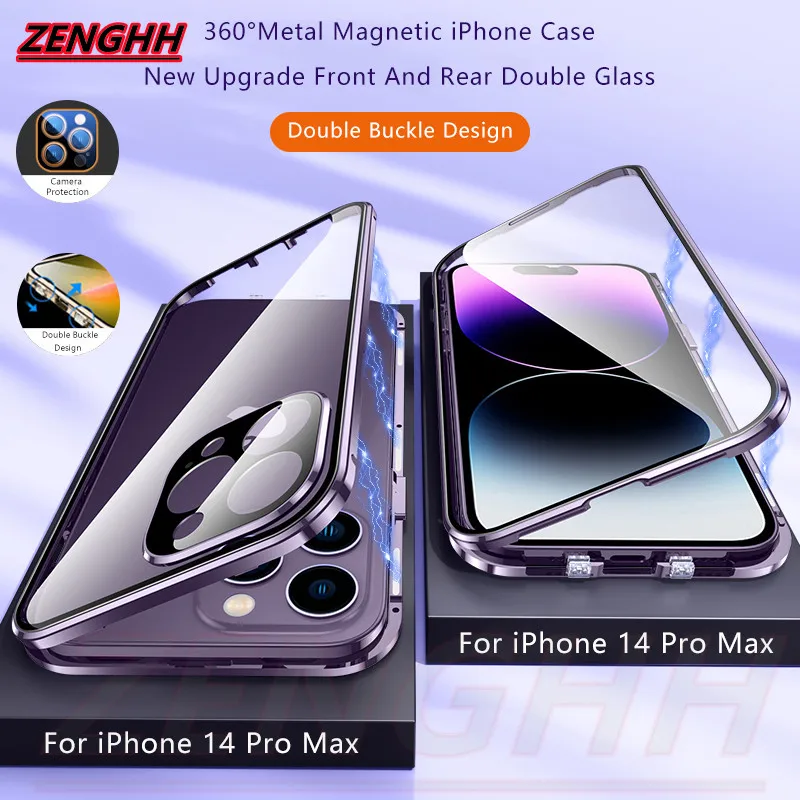 

Двухсторонний стеклянный магнитный металлический чехол с защелкой на 360 ° для IPhone 14 13 12 11 Pro Max 13 Защита объектива мини-камеры