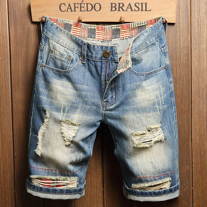 

New men's denim shorts 2020 summer classic brand Korean high street trend hip-hop straight loose hole jeans casual shorts