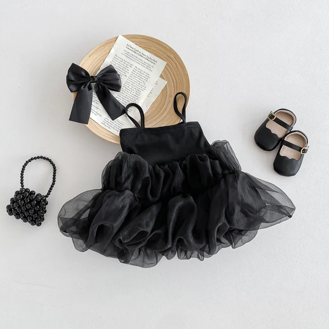 IG Style Baby Outfit Kids Girl Princess Braces Dress Sling Mesh Baby Girl Puff Ball Dress 1-5 Years Old 1