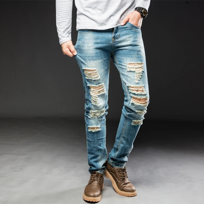 

High Street Fashion Men's Ripped Jeans Slim Fit Straight Light Blue Washed Denim Trousers Male Hip Hop Cowboys Pants Vintage Man