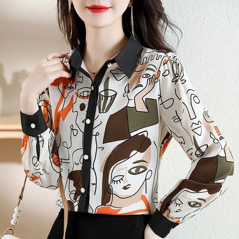 Spring and Autumn Fashion Women's Turndown Collar Patchwork Funny Printing Button Chiffon Cardigan Commuter Long Sleeve Shirt