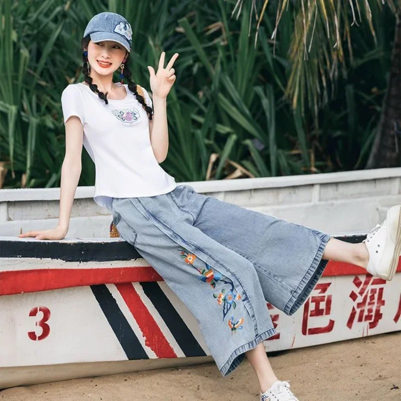 Colpo A Vita Alta Con Tasche Tubo E Capris Jeans Corti Da Donna Pantaloni Ricamati Pantaloni Blu Per Donna Taglia X Larg Spanx A