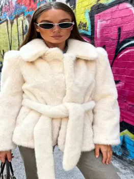 HH معاطف نسائية أنيقة من الفرو الصناعي مع طية صدر السترة وأكمام طويلة سترات بحزام لخريف وشتاء 2025 ملابس خارجية فضفاضة ودافئة للسيدات في الشارع 5