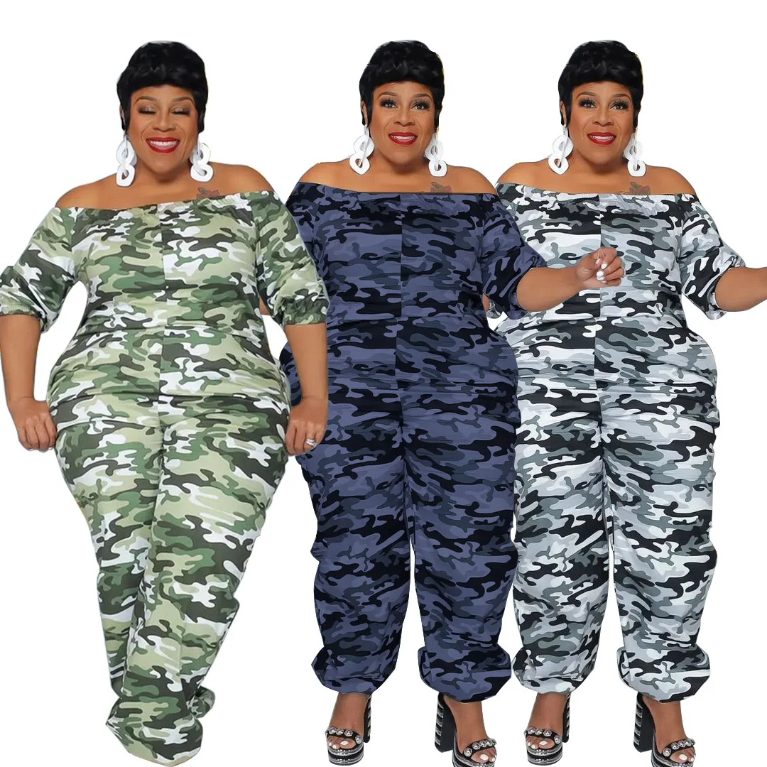 Plus Size Camo Jumpsuit Off Shoulder Pocket One Piece Outfit Women Sexy Pencil Pants 2023 Summer Female Fashion Jumpsuits