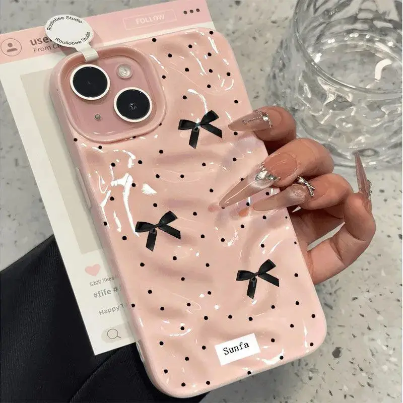 Elegant Black Bow Knot Textured Shockproof Phone Case - Fashionable Soft Cover