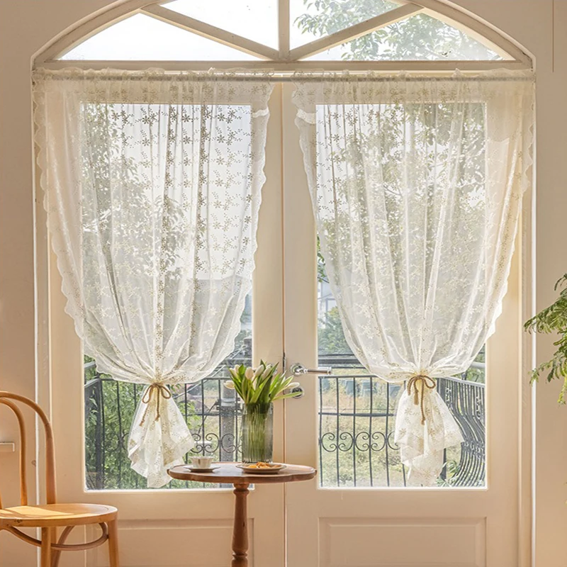 Lace Kitchen Curtain sheer curtains window curtains decor curtains light filtering curtains embroidered curtains lace curtains Swaying Beige Sheer Curtains for Living Room Bedroom Window Treatment Short Vintage Floral Embroidery 1 PC