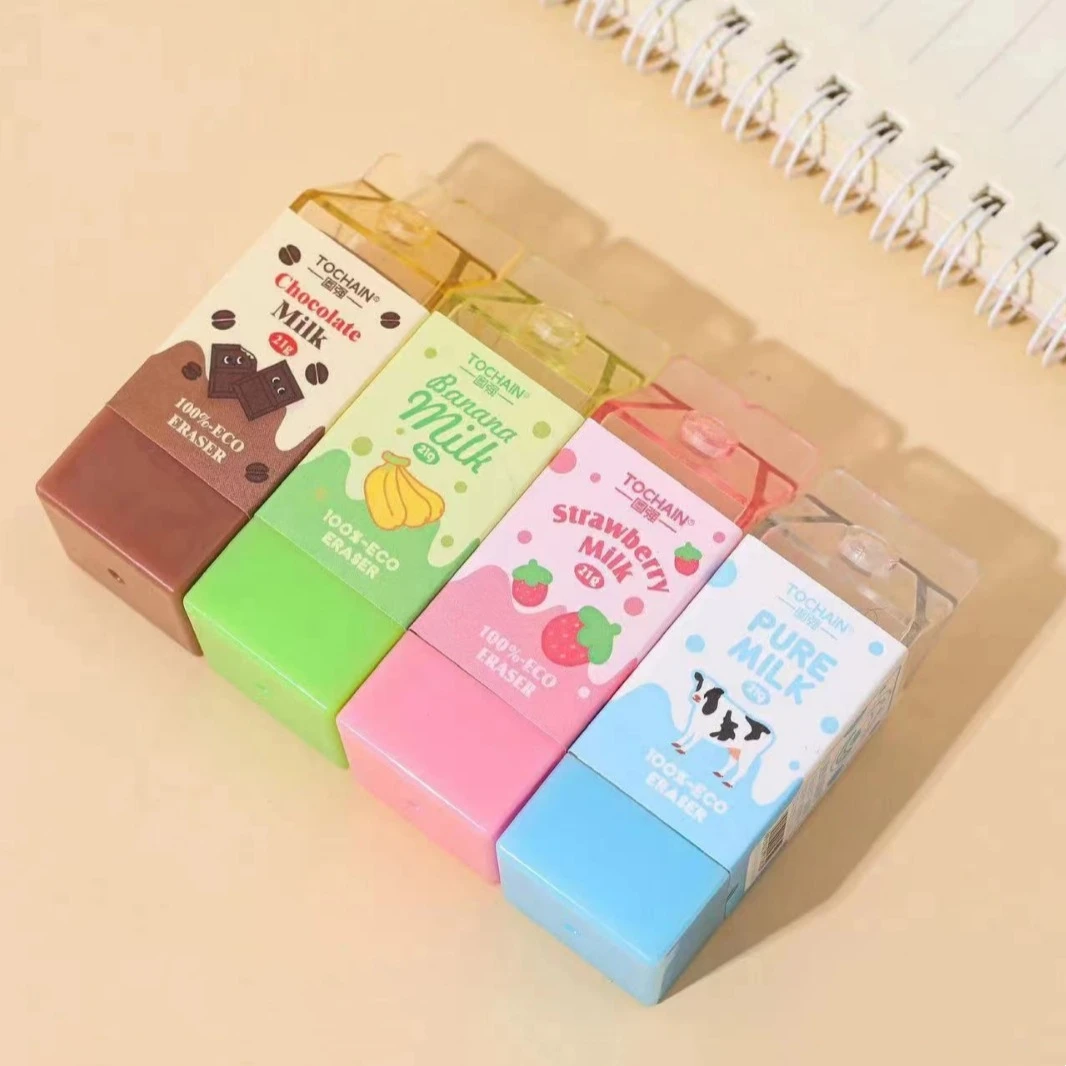 4pcs Pencil Eraser Milk Eraser Set Cartoon Mini Banana Chocolate Less Dust Eco PVC Cleaning Tools