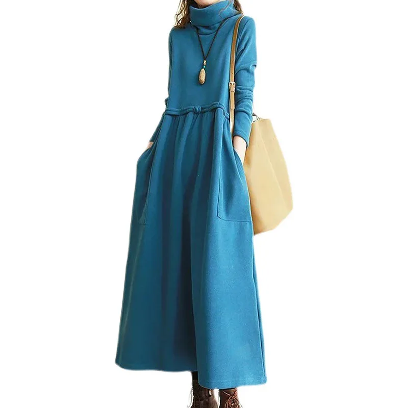 

Retro loose long skirt spring and autumn high collar velvet dress Elegant Long Sleeve Dress women