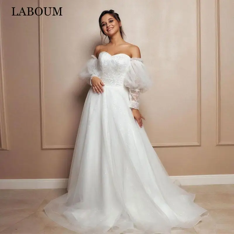 

LaBoum Modern A Line Wedding Dresses For Women 2022 Bride Unique Shiny Tulle Bridal Gowns Puff Sleeves Vestido De Casamento