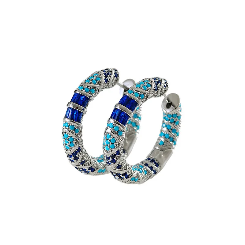 Blue Zircon Enamel Hoop Earrings 4