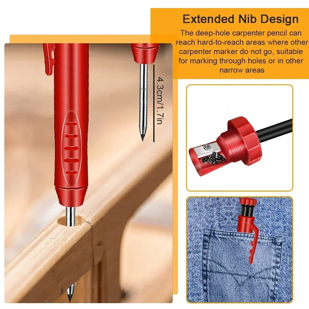 

Pencil Marker Solid Built-in Sharpener Mechanical Carpenter Tools With Deep Orange Pencil Hole For Woodworking Carpentry Refills