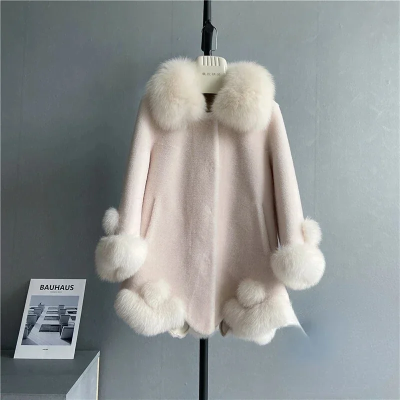 

Sheep Shearing Coat Women Elegant 100% Wool Jacket Fox Fur Collar Thick Warm Coats 2024 Winter Abrigos Mujer Invierno 2024 ZT294