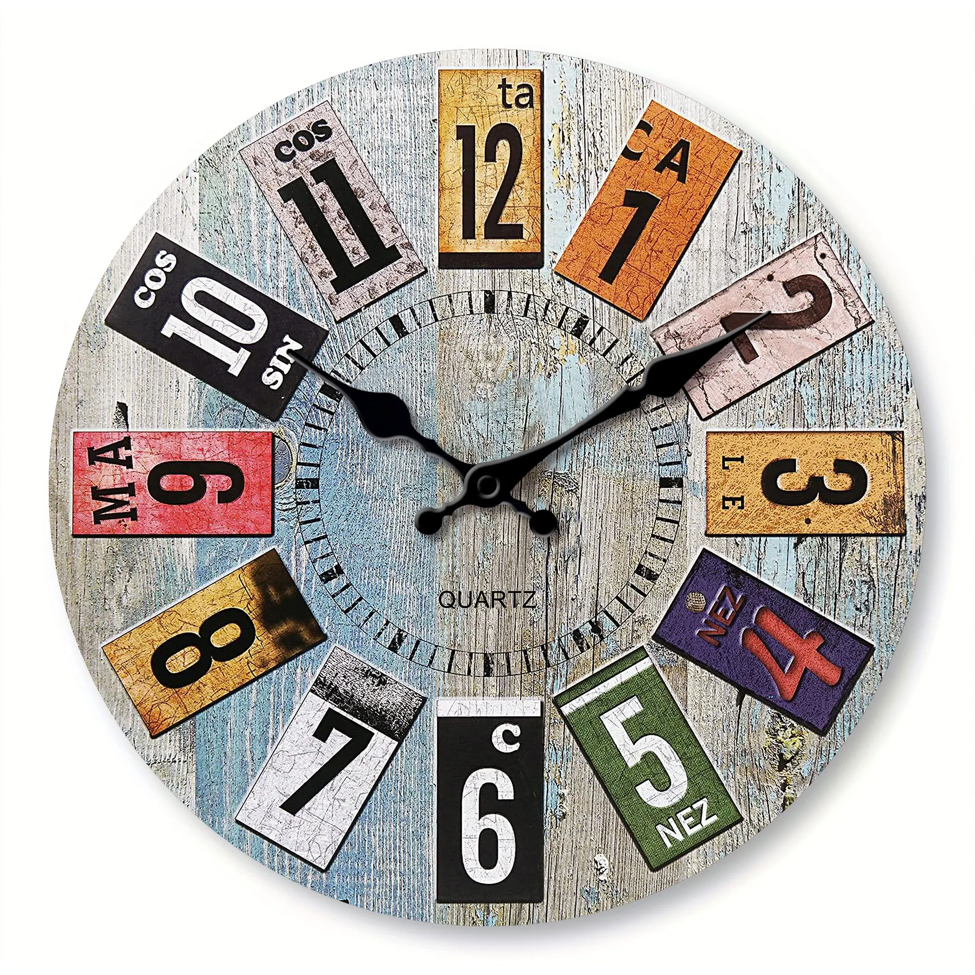 Nordic Vintage Wooden Wall Clock, Light Blue Wood Texture With Colorful Arabic Numerals MDF0073  