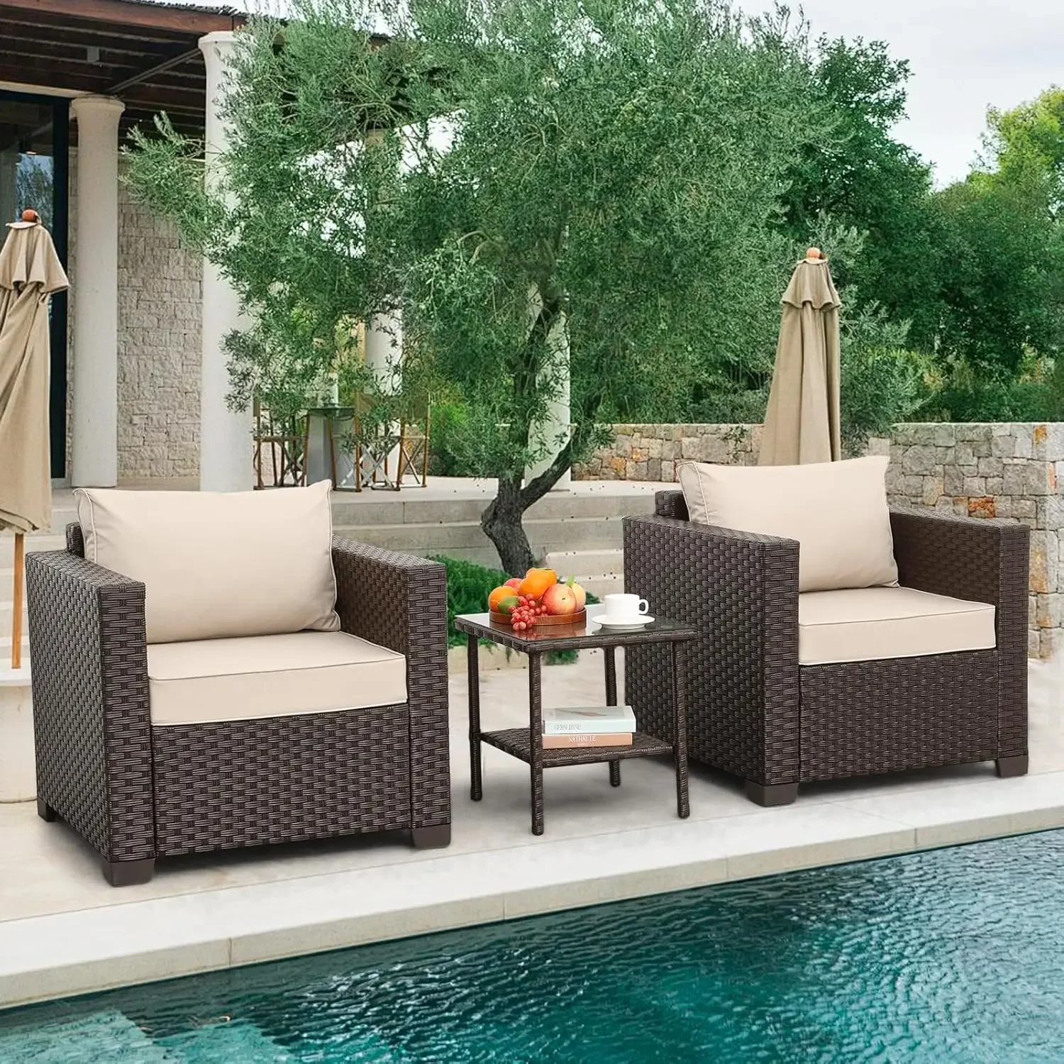 NEW-3 Pieces Patio Single Sofa Chairs and Glass End Table Outdoor Chairs Set of 2 and SideTable with Anti-Slip Cushions , Khaki