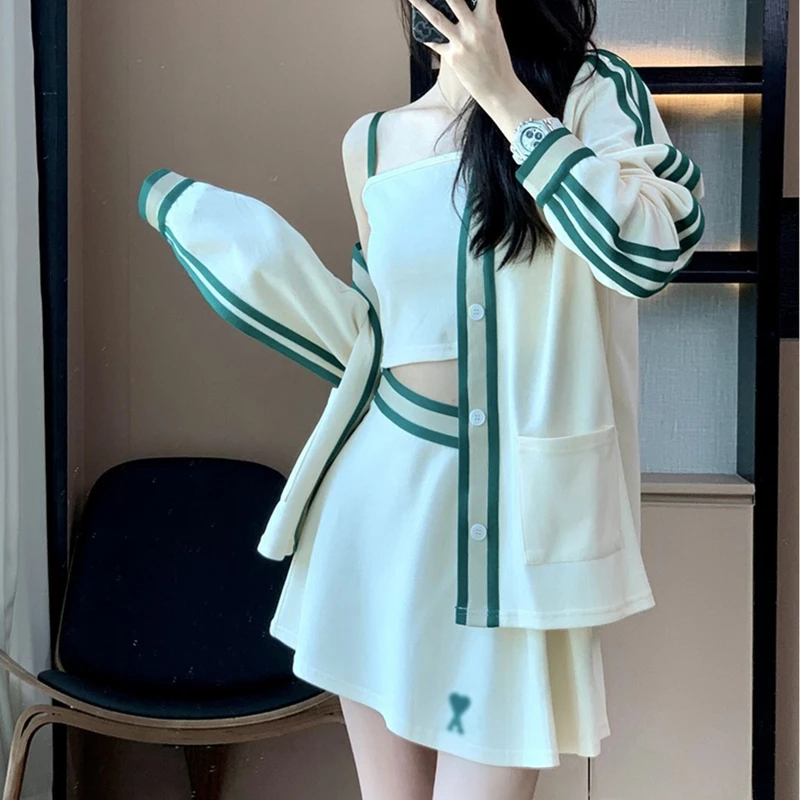 2023 New Spring Summer Women's Sports Clothing Set Korean Lady Casual Loose Srtipe Coats Sling Vest Mini Skirts 3 Pieces Suit 3pcs set women suits blazer coat pants top summer single button sling breathable turndown collar office lady jacket dress suit