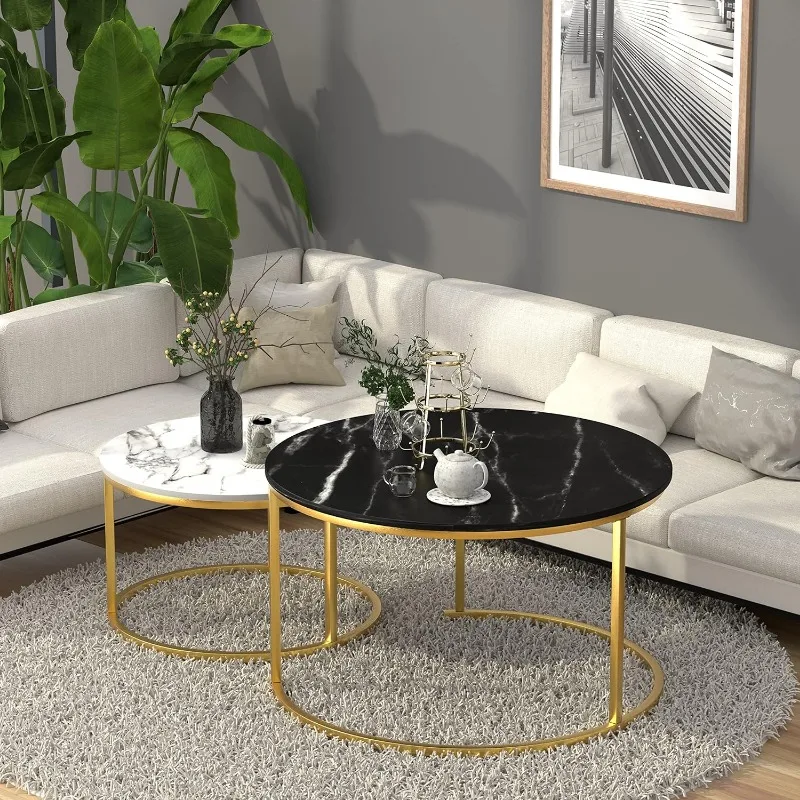Description Picture 6 of itemMarble Nesting Golden Coffee Table 31.5In Large Set of 2, Steel Frame Circular and Round Wooden Tables 31in