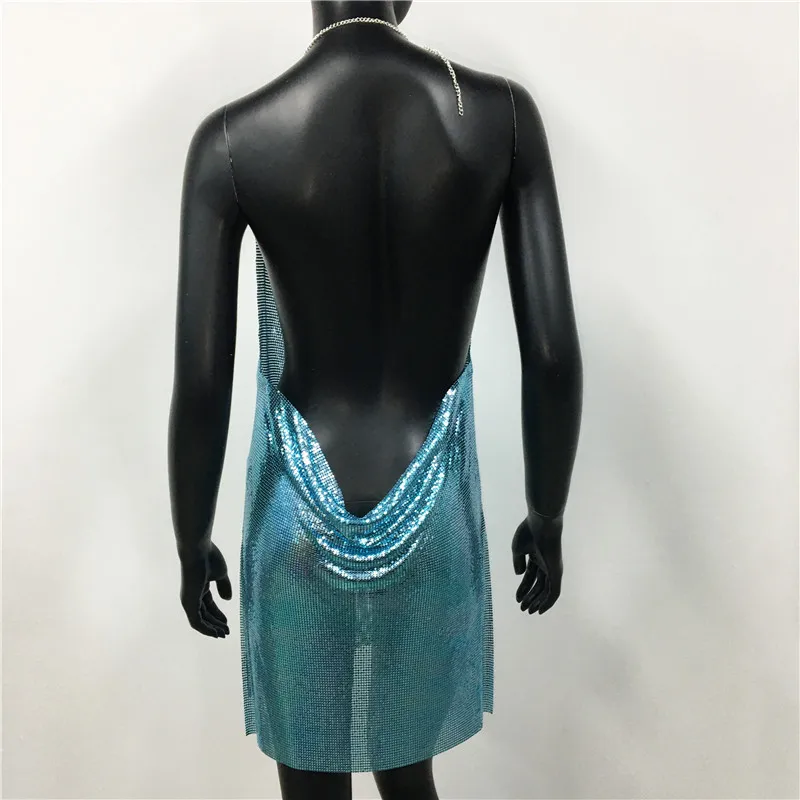 2023 Sexy Clubwear Backless Sequin Short Dress For Women Cocktail Metalic Split Mesh Harness Body Chain Club Low Cut Mini Dress