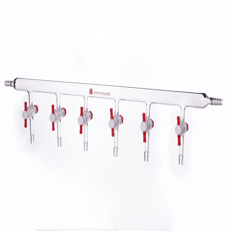 SYNTHWARE 단일 열 파이프 진공 가스 디스트리뷰터, 진공 매니폴드, PTFE 스톱코크, 붕규산염 유리, M49