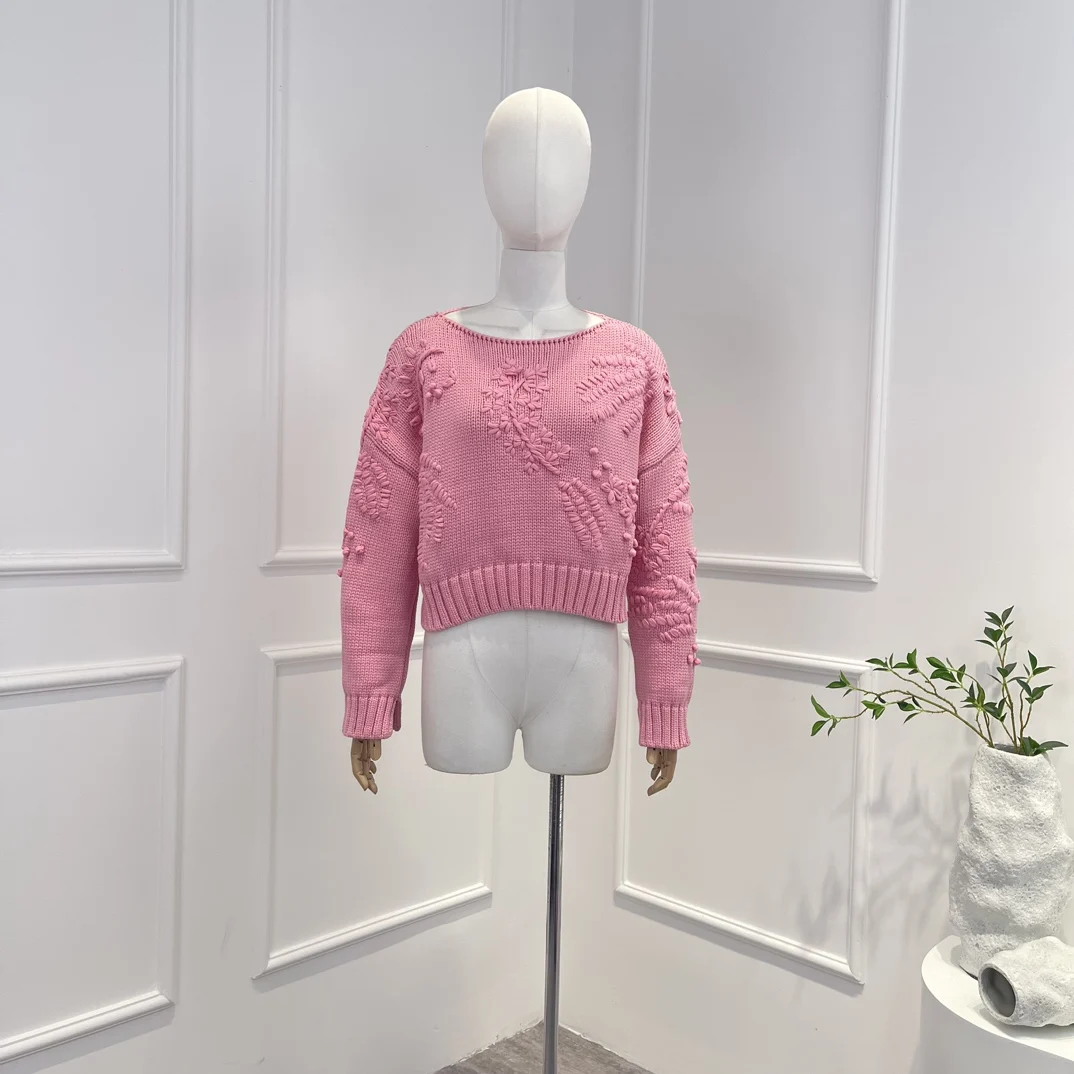 

Poplin Winter Latest Collection Elegant Pink Flowers Hooked Long Sleeve Pullover Sweater for Women