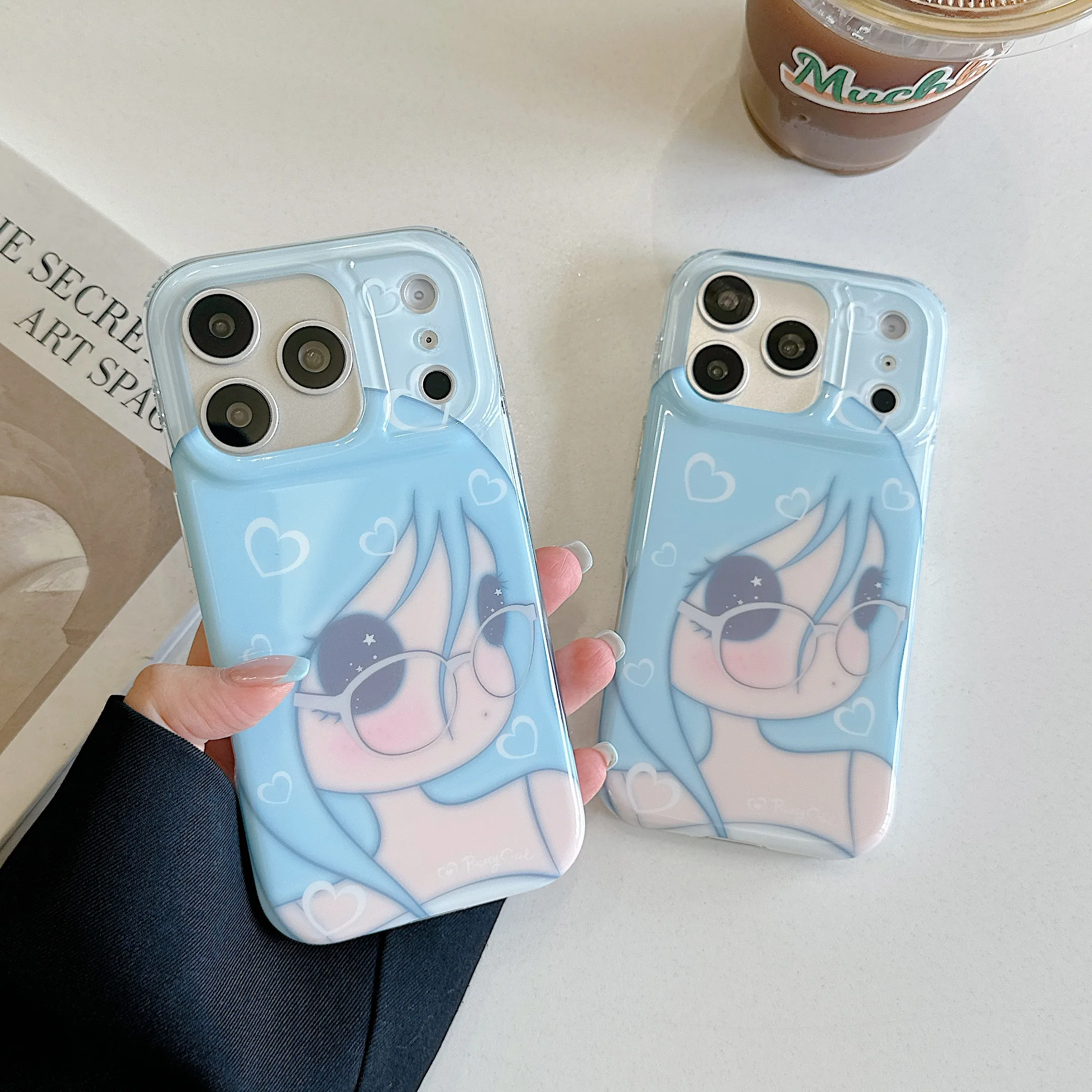 Kawaii Blue Hair Anime Girl Phone Case - Soft Cartoon Character Design with Glasses, Perfect Gift