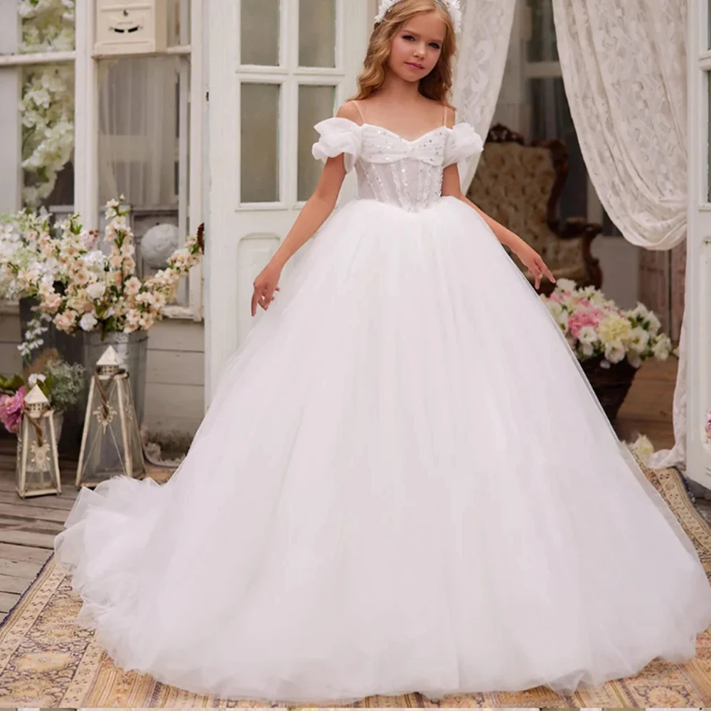 

Tank Sleeve Tulle Puffy Flower Girl Dress Sequins Shiny Pleated Princess First Communion Gown Ball Gown Wedding Party Gown Kid
