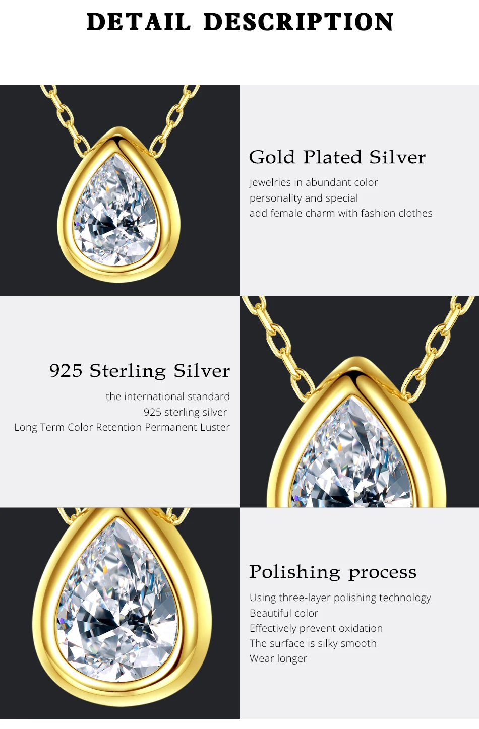 Ciondoli goccia d'acqua in argento sterling Collana a catena con castone con castone elegante da donna con temperamento cubico_voghion.com