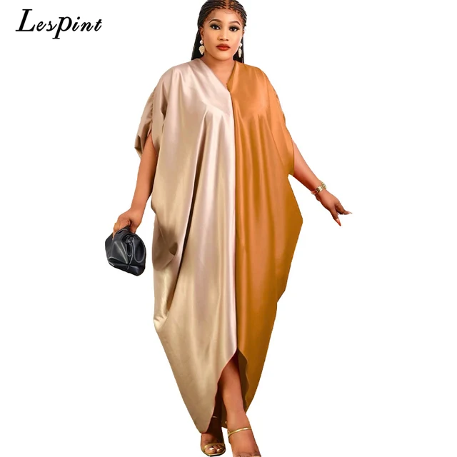 New Muslim Dresses For Women 2022 Stitching Color African Maxi Robe V-neck Print Short Sleeve Novelty Dress Kanga Clothing Bouou DR-801-1