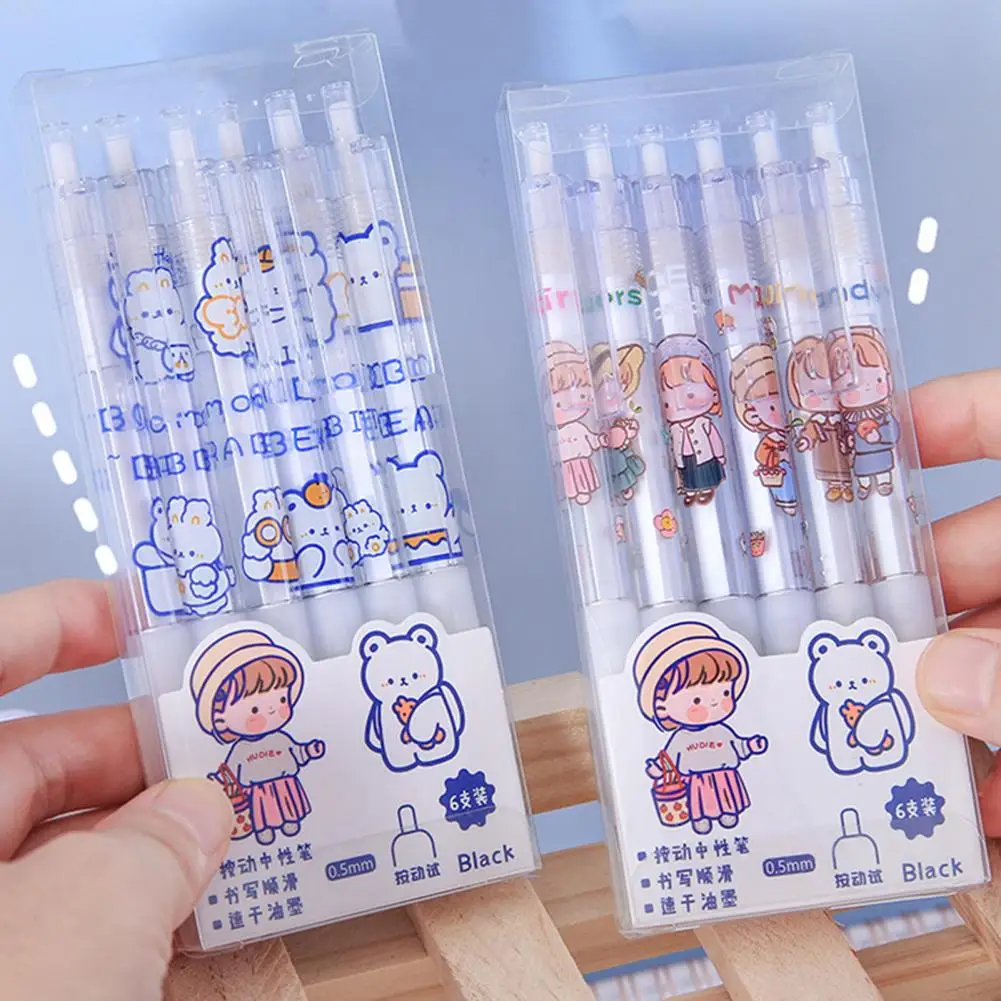 6Pcs Gel Pens Quick Drying Non-slip Smooth Writing 0.5mm Nib Cartoon Push Type Plastic Writing Pens for Student strapless фронт бакл сексуальная gathe r до невидимый анти slip push up бюстгальтер