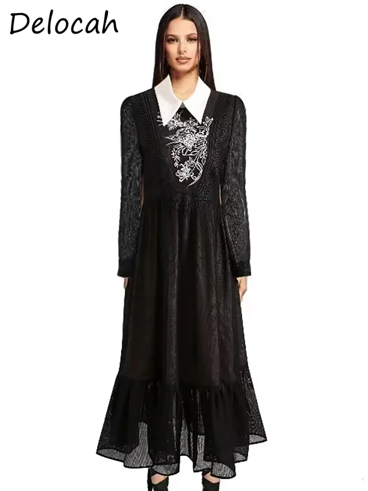 

Delocah High Quality Autumn Women Fashion Designer Party Long Dress Lantern Sleeve Gorgeous Embroidery Ruffle Hem A-Line Dresses