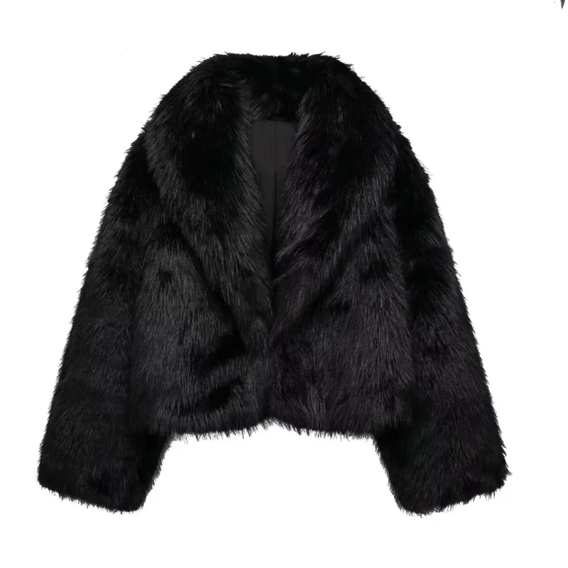 TRAF Black Faux Fur Coat for Women Autumn Winter Plush Wool Coats Black Wool & Blends Coats Outerwears Long Sleeve Warm Fur Coat 6
