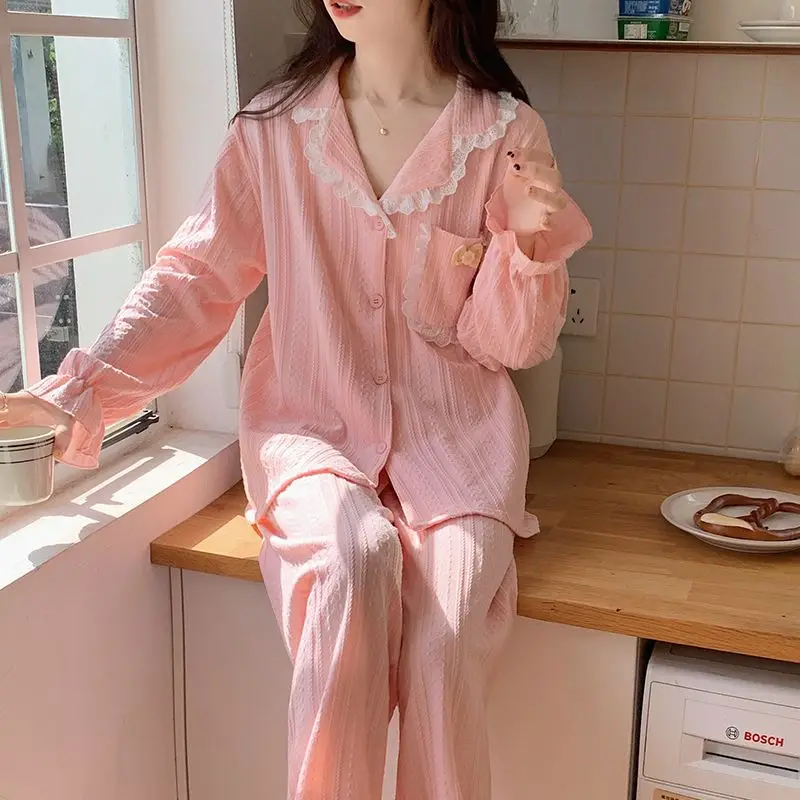2024 Spring Autumn New Pajamas Women Simple Casual Cardigan Lapel Homewear Suit Female Pure Cotton Long-Sleeved Sleepwear Sets