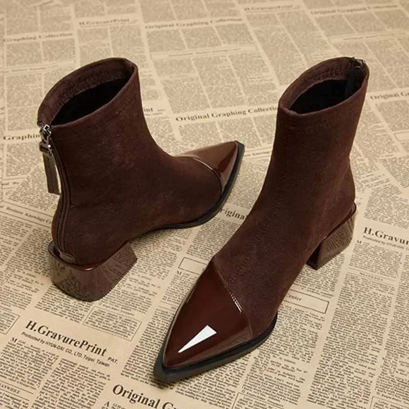 Ankle Boots Women Chunky Mid Heels Suede Shoes Woman Pointed Toe 2025 Trend Winter New Goth Walking Snow Chelsea Botas De Mujer