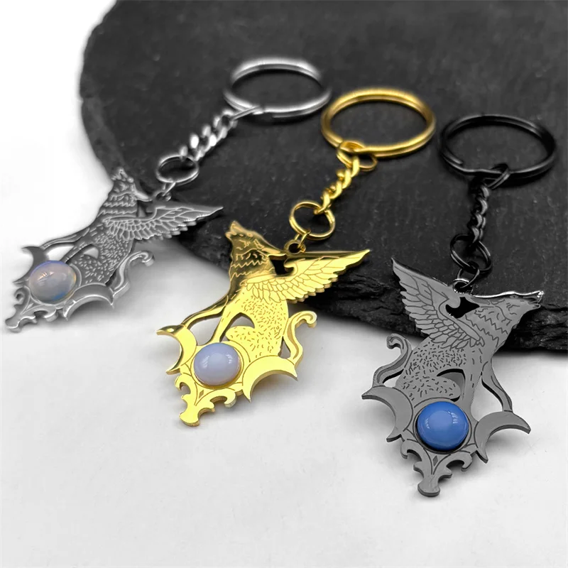 Gothic Hexerei Wolf Dreifachmond Satan Wikinger Zauberer Schlüsselanhänger Edelstahl Opal Goth Schwarz Schlüsselanhänger Taschenanhänger Schmuck